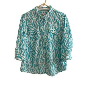 Croft & Barrow Shirt Palms Womens XL Caribbean Blue Tidal Wave Tropical